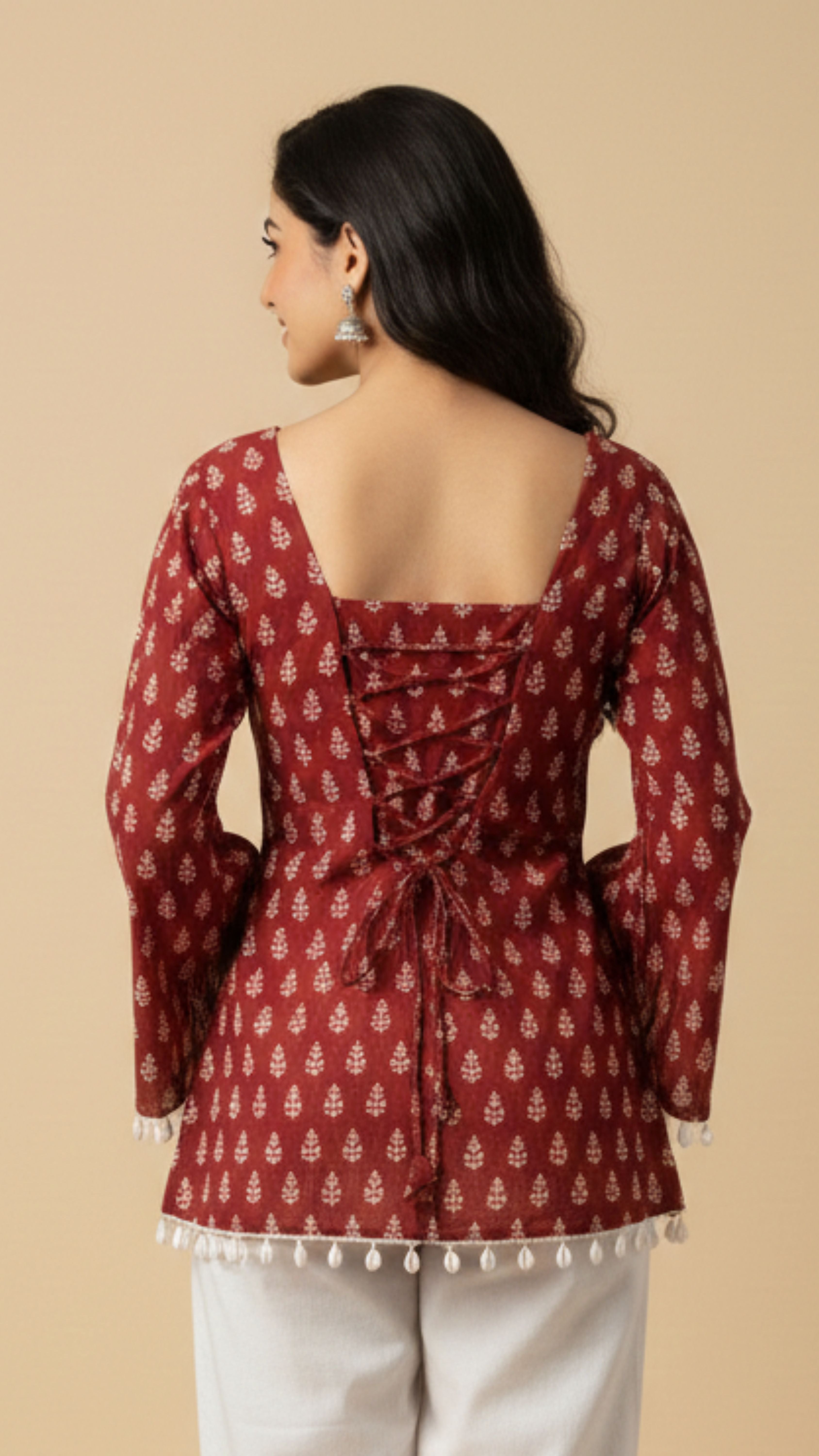 RED WHITE BAGH PRINT SHORT KURTI